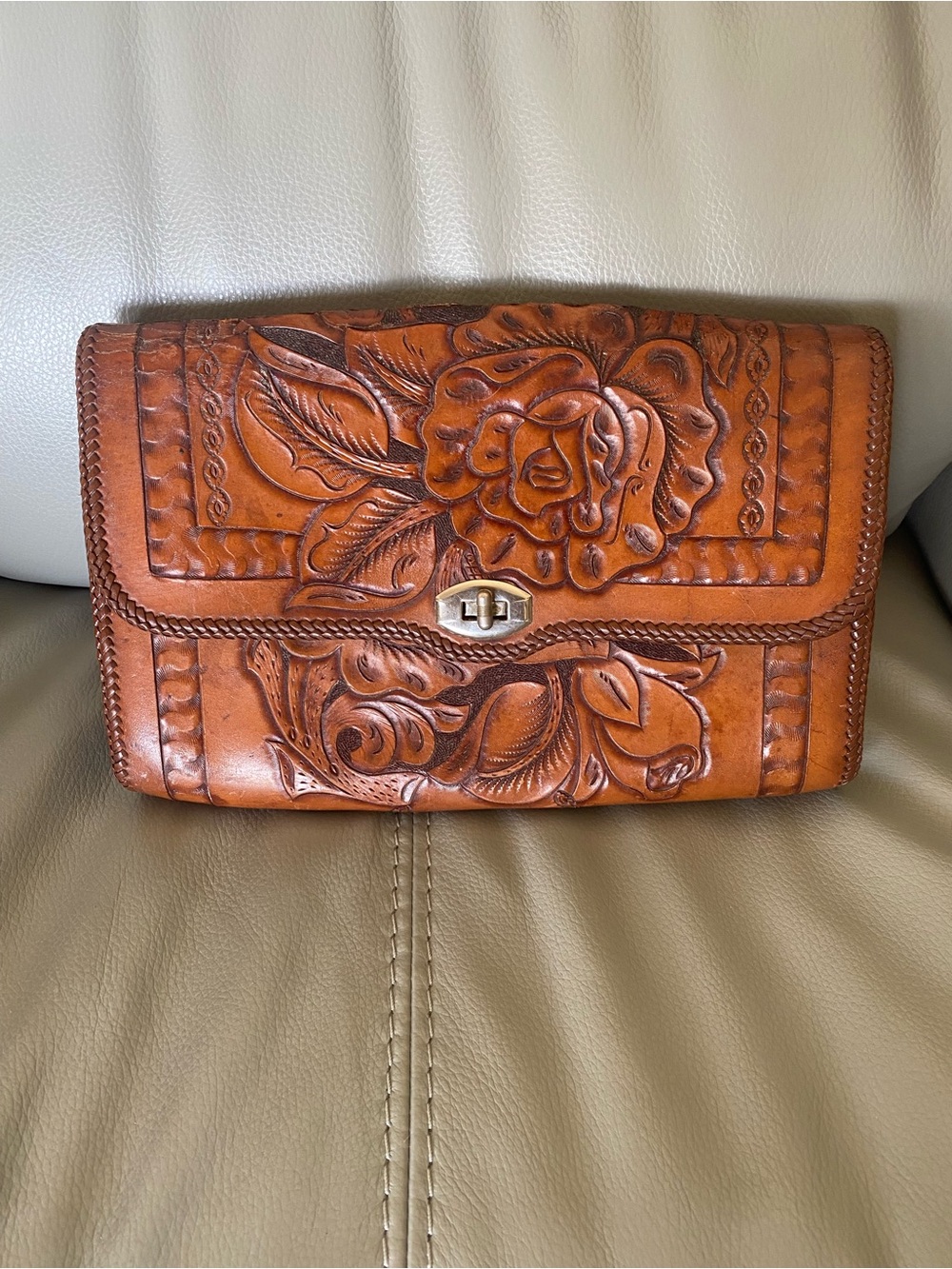 Vintage Hand-Tooled Floral Leather Clutch in Cognac Brown